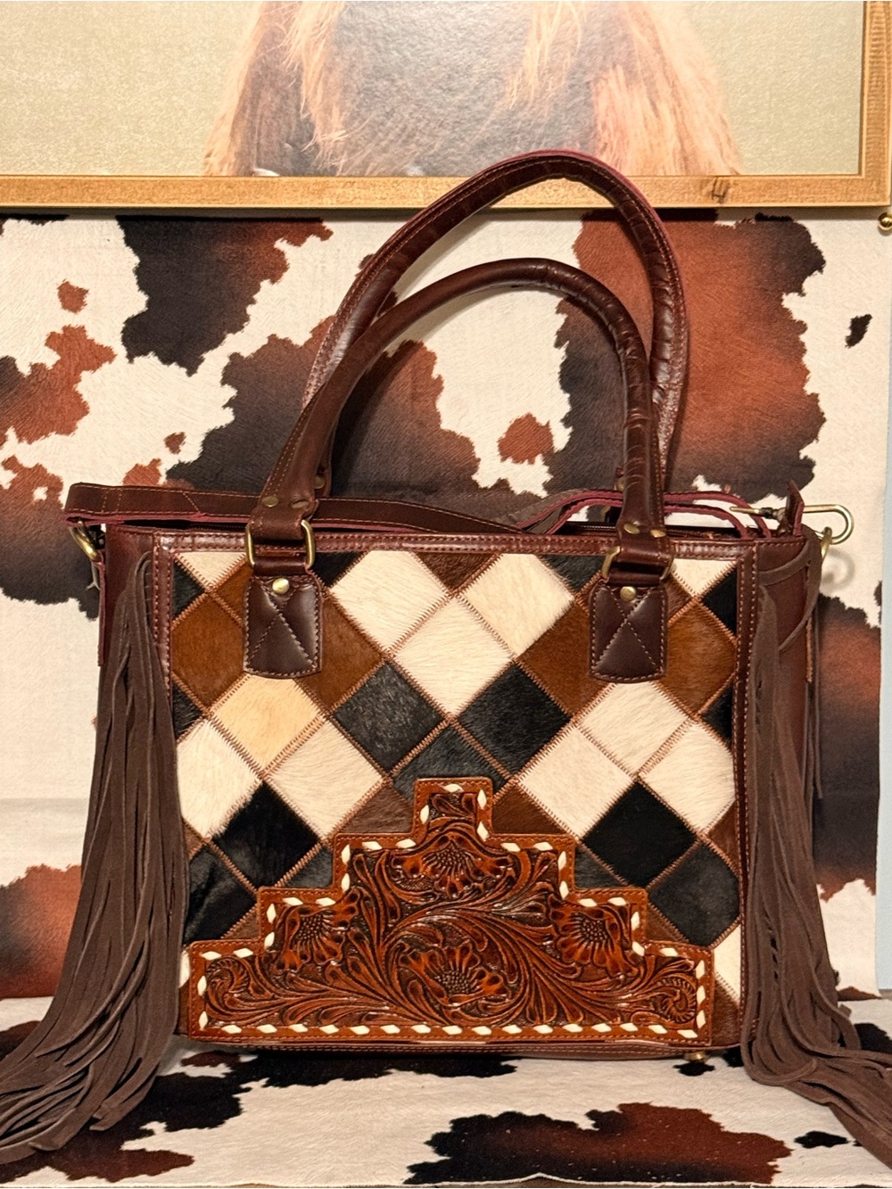 Brown Patchwork Leather Fringe Shoulder Bag Countryside Co